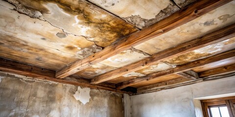Aufkleber - A view of a dilapidated ceiling with exposed wooden beams and water damage, showcasing the passage of time and the effects of neglect.