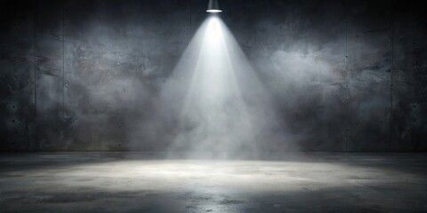 Poster - A Single Spotlight Illuminates an Empty Concrete Room, Casting a Dramatic Beam of Light onto the Dusty Floor