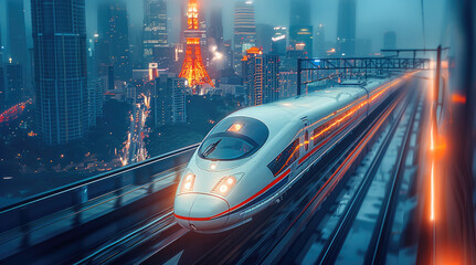 Aufkleber - High-speed train, airflow, sense of speed, streamlines, city background.