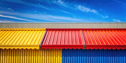 Leinwandbilder - A vibrant abstract of a colorful corrugated metal roof with a gray wall and blue sky