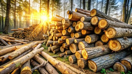 Poster - Golden Sunlight Filtering Through a Forest of Cut Logs, Illuminating the Raw Wood and Creating a Dramatic Scene of Nature's Cycle