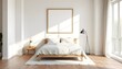 © Murtaza Nauman - minimalist bedroom with wooden frame mockup, light wood flooring, neutral bedding, natural light streaming through large windows, serene and peaceful design, simple decor