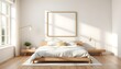 © Murtaza Nauman - minimalist bedroom with wooden frame mockup, light wood flooring, neutral bedding, natural light streaming through large windows, serene and peaceful design, simple decor