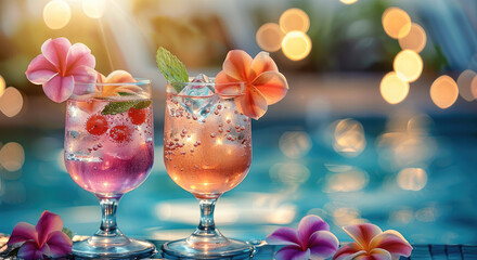 Poster - Two fancy, colorful cocktails with ice cubes and flower garnish on the edge of a swimming pool, with a sunlight and bokeh background. Summer vacation concept.