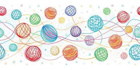 Leinwandbilder - A Seamless Pattern of Colorful Line Art Spheres Connected by Wavy Lines Against a White Background