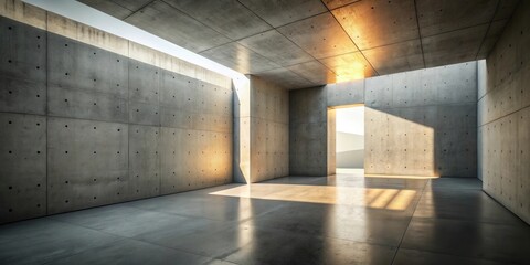 Poster - A minimalist concrete interior with a single opening to a bright, unseen space, bathed in warm sunlight casting dramatic shadows on the walls and floor