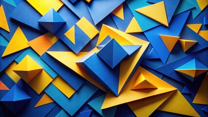 Fototapete - Abstract geometric composition with vibrant blue and yellow paper shapes, creating a dynamic and visually engaging pattern.
