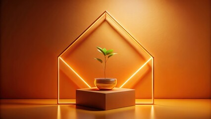 Aufkleber - Minimalist Composition of a Green Plant on a Podium with Neon Lights and an Orange Background
