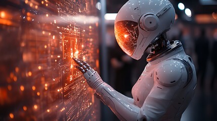 Futuristic robot interacts with holographic interface.