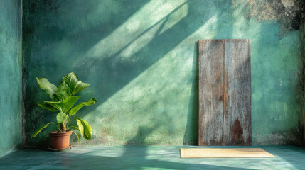 Wall Mural - A serene, minimalist interior with green walls, a potted plant, and sunlight casting soft shadows on a rustic wooden panel.