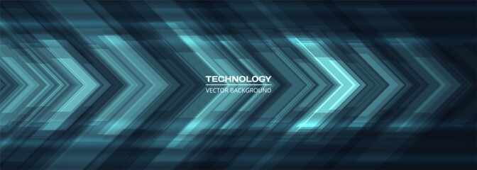 Poster - Blue technology arrows on dark futuristic abstract background. High-speed movement concept dynamic motion blue hi tech digital arrows. Technology vector illustration for banner or poster design.
