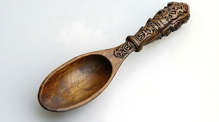 Ornate, hand-carved wooden spoon with detailed handle and bowl, isolated on white background.