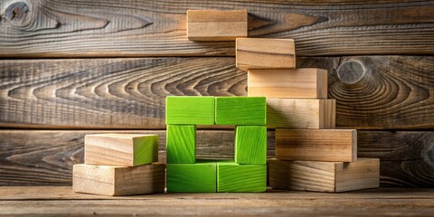 Aufkleber - A green wooden block structure stands out against a backdrop of natural wooden planks, symbolizing a unique approach to construction, design, or problem-solving.