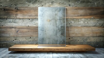 Poster - A rustic wooden platform with a clear glass panel standing in front of a weathered concrete and wood wall.