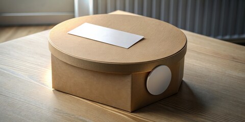 Poster - A brown cardboard box with a white label and a white circle on a wooden surface