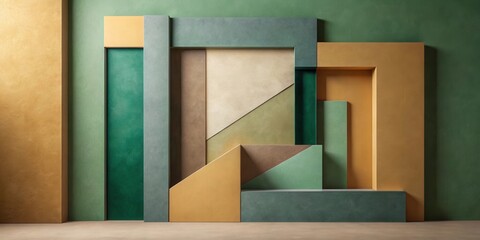 Aufkleber - Abstract Geometric Background Featuring a Minimalist Display Platform with Varying Shades of Green, Brown, and Yellow Tones