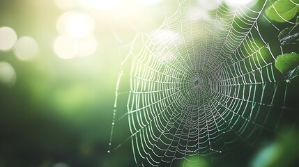 Spider web with dewdrops in morning sunlight. Nature background
