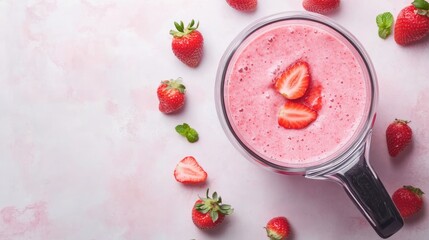 Wall Mural - Healthy Strawberry Smoothie in Blender Surrounded by Fresh Strawberries and Mint Leaves on Soft Pink Background