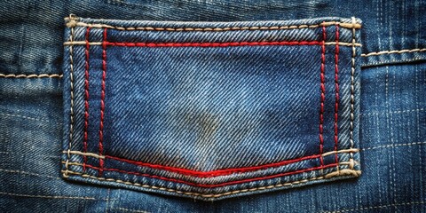 Aufkleber - A close-up view of denim fabric with a red stitched pocket detail, highlighting the intricate weaving of the threads and the textured surface of the material