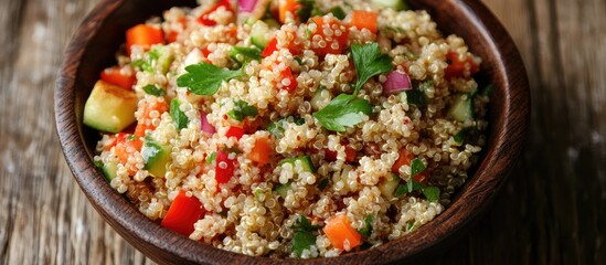 Wall Mural - Quinoa salad bowl with vibrant vegetables herbs and empty space for text rustic wooden background culinary presentation