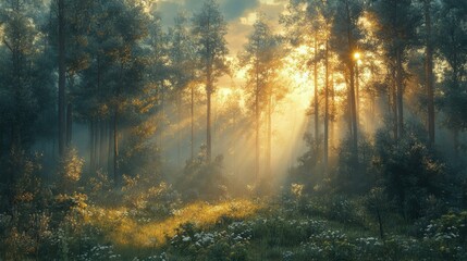 Wall Mural - Dappled sunlight streaming through a serene forest at dawn illuminating wildflowers and trees