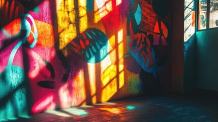 Canvas Print - colorful neon wall art casting dynamic shadows in an artistic indoor space