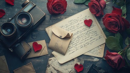 Wall Mural - Vintage Camera Love Letters Roses And Old Envelopes