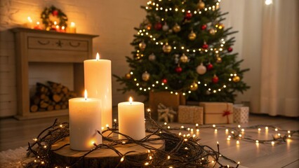 Wall Mural - Beautiful Christmas tree with burning candles on wooden board in living room