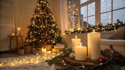 Wall Mural - Beautiful Christmas tree with burning candles on wooden board in living room
