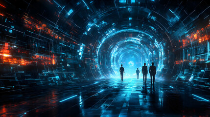 Wall Mural - Silhouetted figures walk through a futuristic, glowing, digital tunnel.