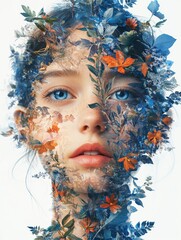 Sticker - A surreal portrait blending a woman's face with vibrant floral elements and colors.