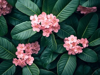 Wall Mural - A vibrant arrangement of pink flowers amidst lush green leaves.