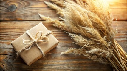 Poster - A Rustic Gift Box Wrapped in Brown Paper and Tied with Twine Beside Dried Pampas Grass on a Weathered Wooden Surface