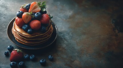 Aufkleber - Delicious stack of golden pancakes topped with fresh strawberries and blueberries on a rustic dark surface. Generative AI