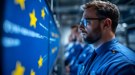 Focused IT specialist monitoring security systems on large screens displaying code and European Union flags.