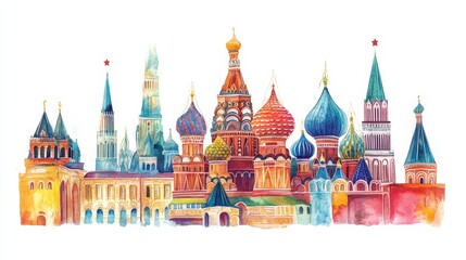 Wall Mural - Colorful Watercolor Illustration of Historic Russian Architecture