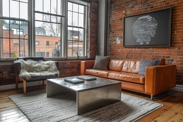 Wall Mural - Cozy urban living space with a leather sofa, coffee table, and exposed brick walls.