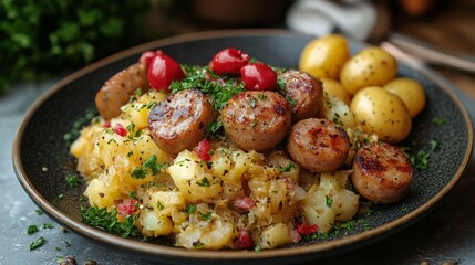 Wall Mural - Delicious stew with vegetables served alongside fluffy rice and boiled potatoes for a wholesome meal