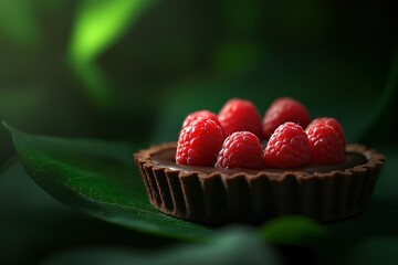 Wall Mural - Chocolate tart with fresh raspberries, nestled on green leaves. A decadent dessert.