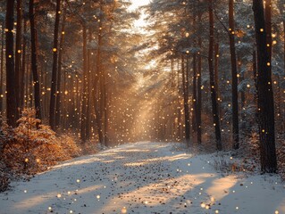 Wall Mural - A serene winter forest scene with snow, sunlight, and floating lights creating a magical atmosphere.