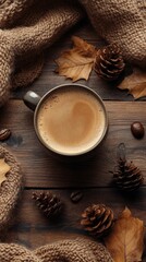 Sticker - Warm coffee cup surrounded by autumn leaves and pinecones on wooden table