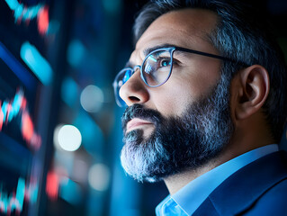 Wall Mural - Focused businessman in glasses analyzing data on screen.