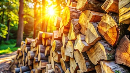 Aufkleber - A stack of neatly arranged firewood logs, bathed in the warm glow of the setting sun, creating a beautiful and rustic scene in a forest setting.