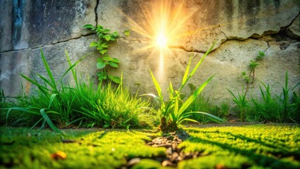 Poster - A crack in the wall lets in sunlight, illuminating lush green grass and a vine growing along its surface.