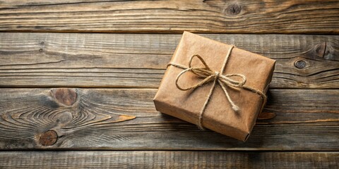 Poster - A rustic brown gift box tied with twine rests on a weathered wooden surface, evoking a sense of warmth and tradition.