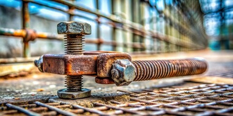 Poster - A closeup of a corroded metal bolt and nut connected to a rusted metal framework, showcasing the wear and tear of time on industrial machinery.