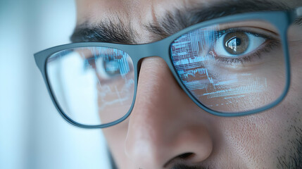 Close-up of a man's face wearing glasses reflecting a digital interface.