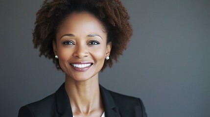 Wall Mural - Businesswoman Smiling Warmly Against Sleek Gray Background