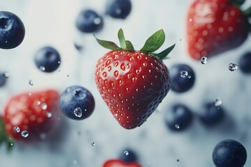 Wall Mural - Fresh strawberries and blueberries in mid-air, suspended in a splash of water.  A vibrant image of juicy summer berries.