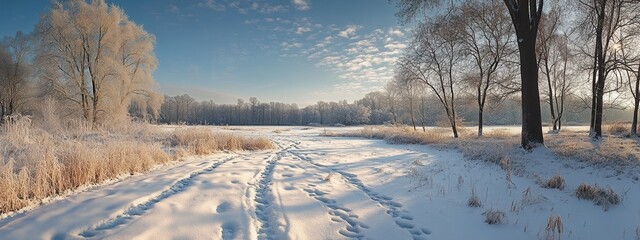 Winter landscape, fresh snow blanketing the ground, clear footprints leading into the serene, untouched wilderness